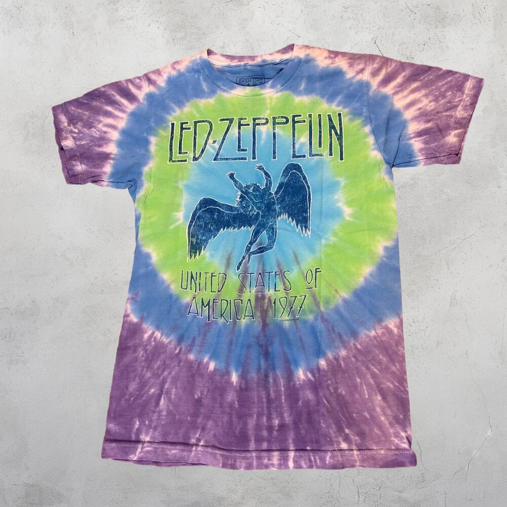 🎸 Led Zeppelin Band T Shirt Tie Dye Graphic Rock Band Tee Small 🌈